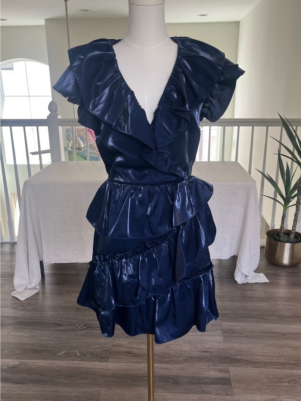 Lovers + Friends Shimmery Navy Ruffled V-Neck Cocktail Mini Dress